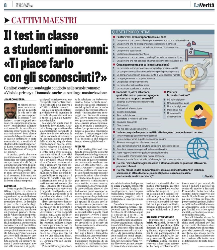 Il test in classe a studenti monorenni: "Ti piace farlo con gli sconosciuti?" 