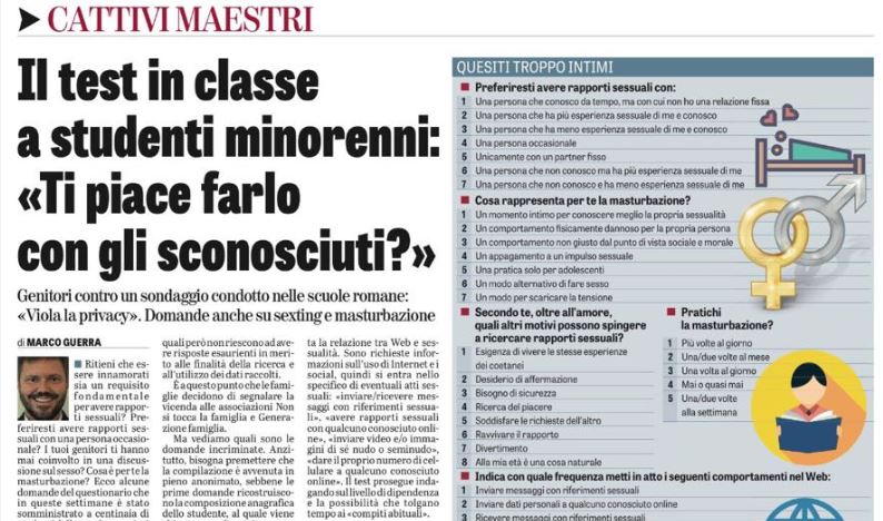 Il test in classe a studenti monorenni: "Ti piace farlo con gli sconosciuti?" 