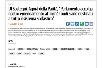 Dl Sostegni: Agorà della Parità, “Parlamento accolga nostro emendamento affinché fondi siano destinati a tutto il sistema scolastico”