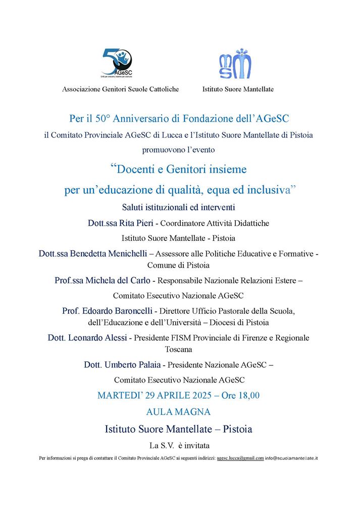 “DOCENTI E GENITORI INSIEME PER UN’EDUCAZIONE DI QUALITÀ, EQUA ED INCLUSIVA”